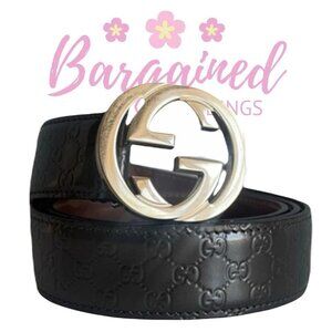 Authentic Gucci Gray Metallic Guccissima Leather Gold GG Buckle Belt 80/32